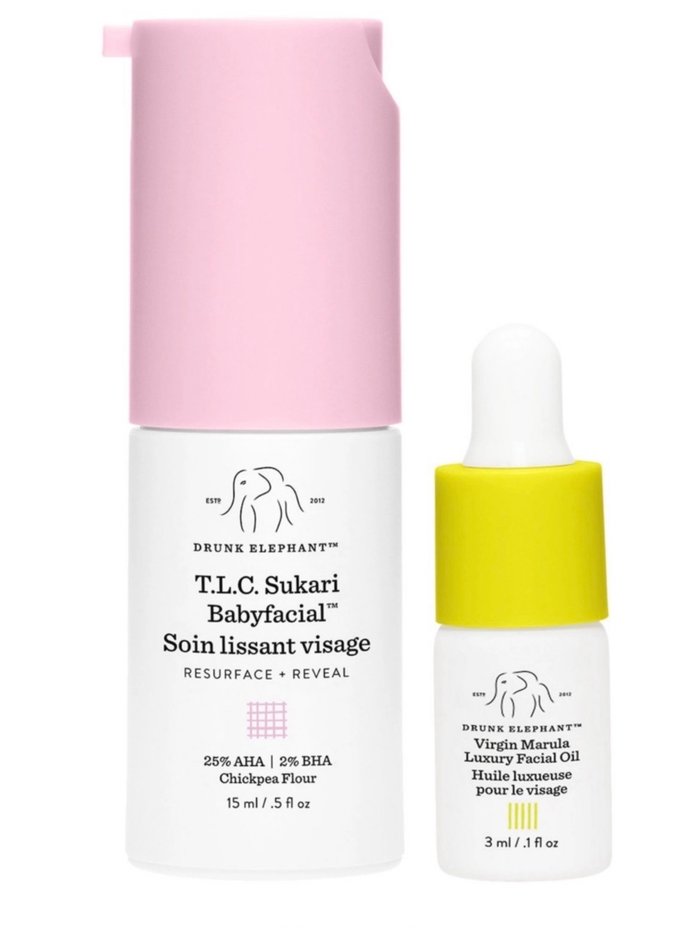 Drunk Elephant skincare duo - TLC Sukari Baby Facial & Marula Oil